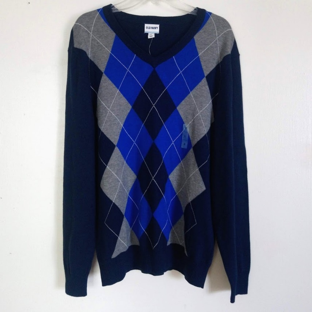 Old Navy Argyle Sweater V-Neck Men's Lg Navy NWT